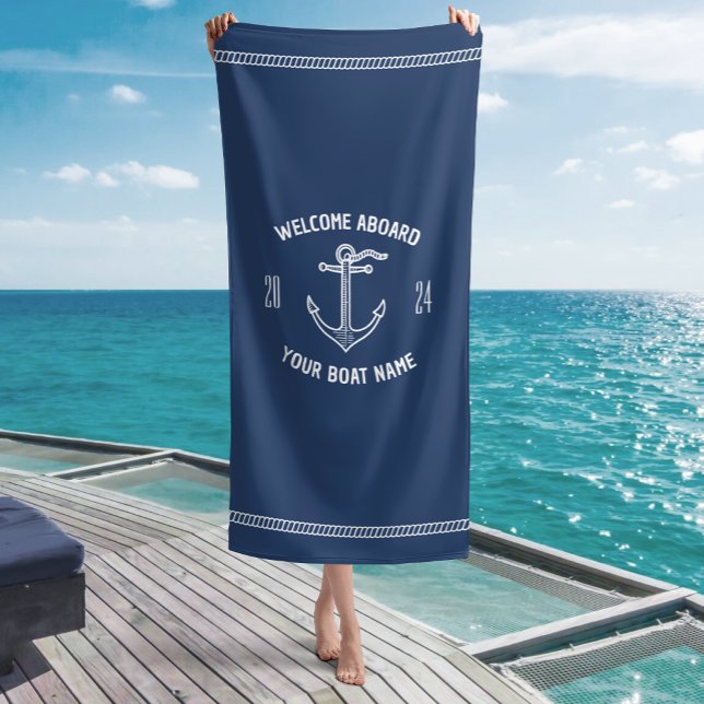 Toalha De Praia Bote de boas-vindas personalizado Azul Marinho (Criador carregado)
