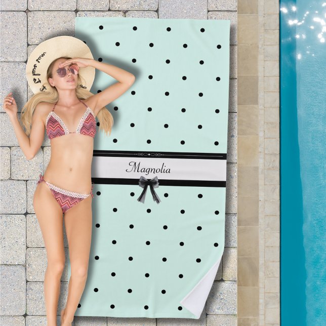 Toalha De Praia Boutique Chic Mint Green Polka Dot Monogram (Refresh your summer gear! Custom name & seafoam mint dots for the ultimate resort look.)