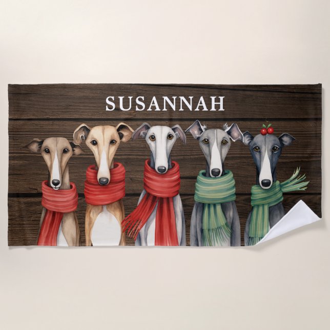 Toalha De Praia Brancos Divertidos e Cães Grehyounds em Escarpões (Frente)