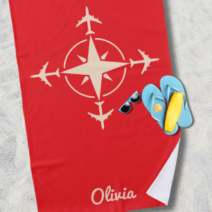 Toalha De Praia Bússola Moderna Simples e Viagem Aérea Personaliza
