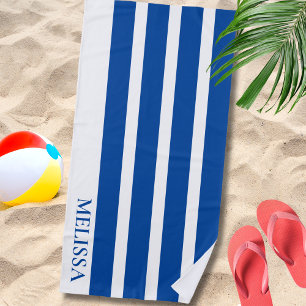 Toalha De Praia Cabana Listrada Azul e Branco com Nome Personaliza