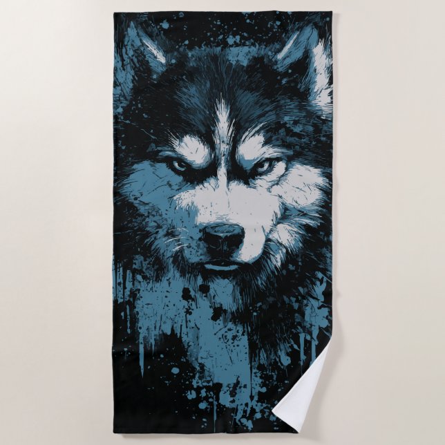 Toalha De Praia Cabeça Grunge de Lobo Husky (Frente)