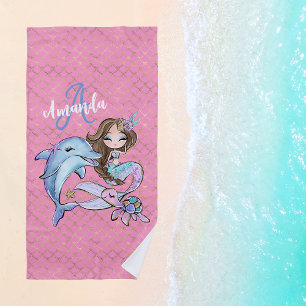 Toalha De Praia Cabelo castanho escuro Sereia Nome Personalizado R