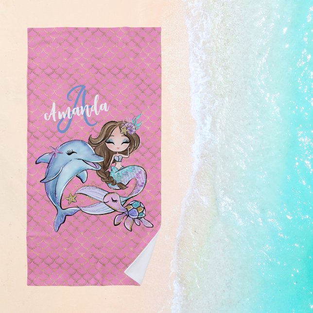 Toalha De Praia Cabelo castanho escuro Sereia Nome Personalizado R (Dark Brown Hair Mermaid Custom Name Girl Pink Beach Towel
)