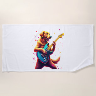 Toalha De Praia Cachorro Golden Retriever Tocando Guitarra Elétric