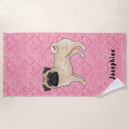 Toalha De Praia Cachorro Pug Fawn Cute Mops E Corações Rosa Com No