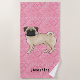 Toalha De Praia Cachorro Pug Fawn Cute Mops E Corações Rosa Com No