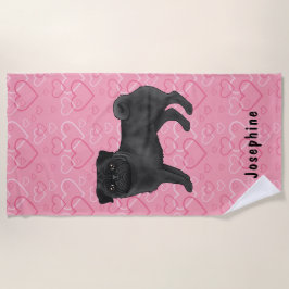 Toalha De Praia Cachorro Pug Preto Fofo com Ropas e Corações Rosa 