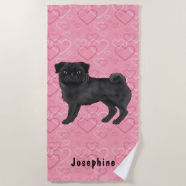 Toalha De Praia Cachorro Pug Preto Fofo com Ropas e Corações Rosa 