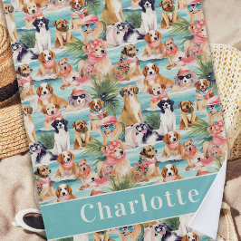 Toalha De Praia Cachorros Tropicais Coloridos de Verão Personaliza