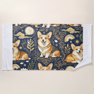Toalha De Praia Cães Corgi Elegantes Padrão Damasco Dourado Azul N