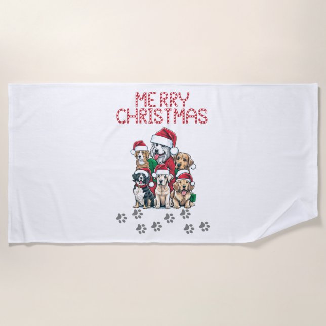 Toalha De Praia Cães de Natal Feliz (Frente)