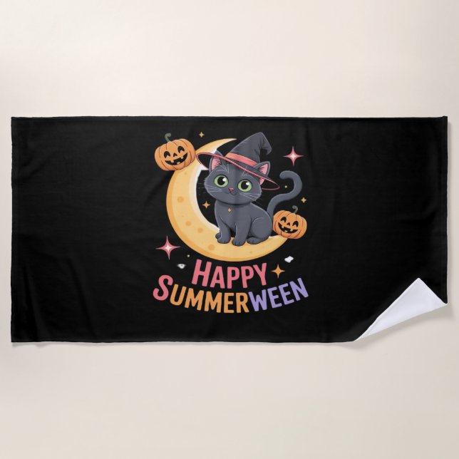 Toalha De Praia Camiseta Essencial de Halloween Cuta Gato (Frente)