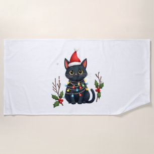 Toalha De Praia Camiseta Gato Preto Natal Chapéu de Papai Noel Gat