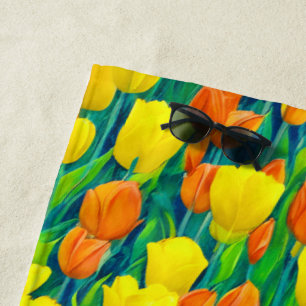 Toalha De Praia Campo de Tulipas Laranja e Amarela