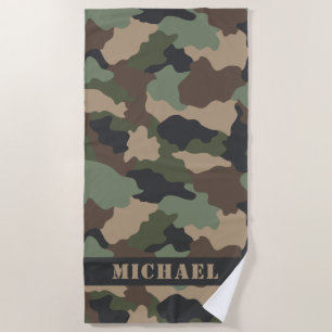 Toalha De Praia Camuflagem Woodland Camo Khaki Tan Monograma Preto