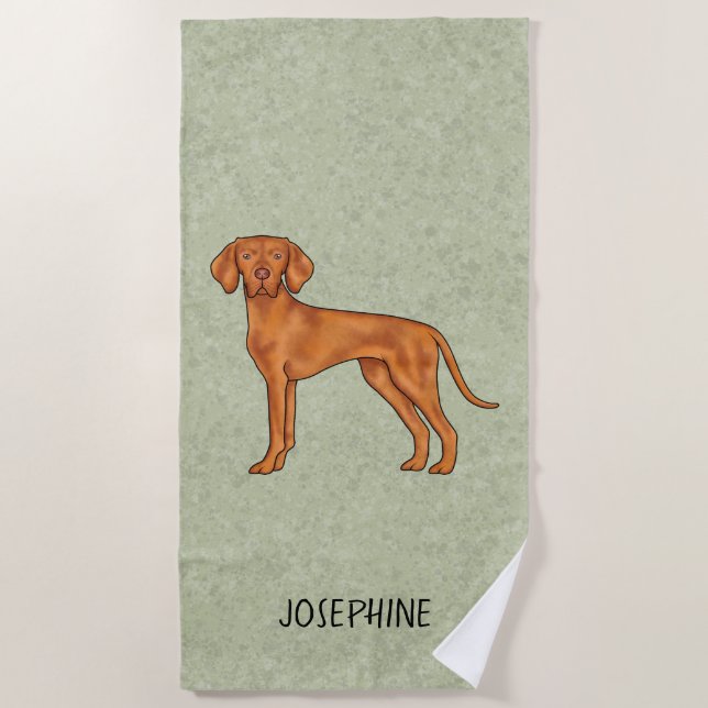 Toalha De Praia Cão Pointer Fofo Vizsla Húngaro Com Nome Verde (Frente)