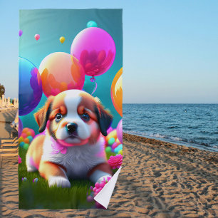 Toalha De Praia Cãozinho bonito com balões - doce