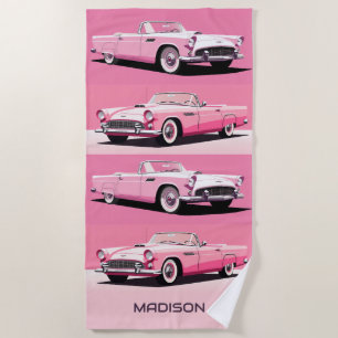 Toalha De Praia Carro Clássico Rosa de Nome Personalizado