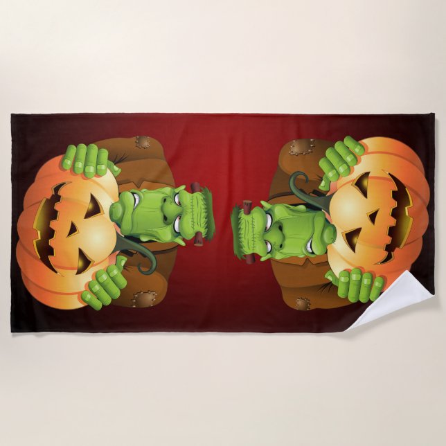 Toalha De Praia Cartoon Frankenstein Monster com Pumpkin (Frente)