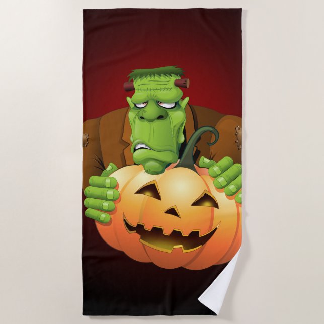 Toalha De Praia Cartoon Frankenstein Monster com Pumpkin (Frente)