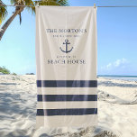 Toalha De Praia Casa de Praia da Família de Âncoras Náuticas<br><div class="desc">A toalha de praia náutica apresenta uma âncora de barco de estilo costeiro e uma design de listras. Personalize o texto personalizado com um sobrenome familiar e uma casa de praia (ou outro título) com o ano estabelecido e o local. Esquema de bege azul-marinho e acessível.</div>