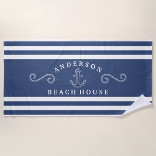 Toalha De Praia Casa de Praia Náutica Personalizada Azul Marinho e