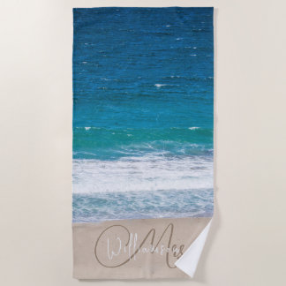 Toalha De Praia Casamento de Blue Beach Waves Tropical Name
