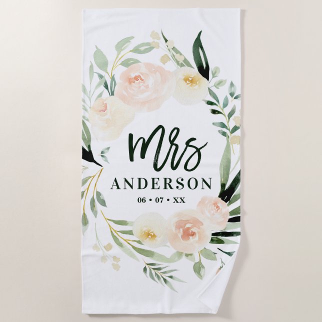 Toalha De Praia Casamento floral de cor verde de pêssego (Frente)