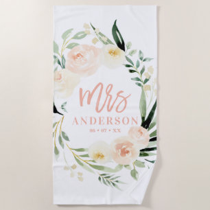 Toalha De Praia Casamento floral de cor verde de pêssego