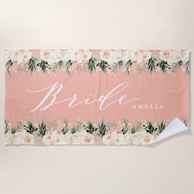 Toalha De Praia Casamento personalizado de cor floral de pêssego + (Frente)