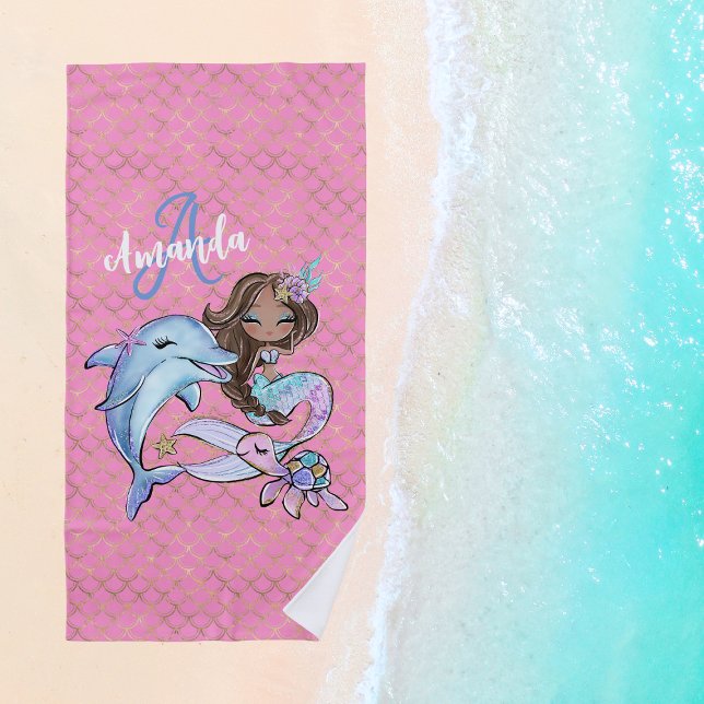 Toalha De Praia Castanho Sereia Nome Personalizado Rapariga Rosa (Brown Mermaid Custom Name Girl Pink Beach Towel
)
