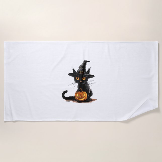 Toalha De Praia Cat Pumpkin Halloween (Frente)