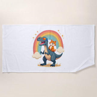 Toalha De Praia Cat Riding Dinosaur T-Rex Kitten Rainbow Dino Funn