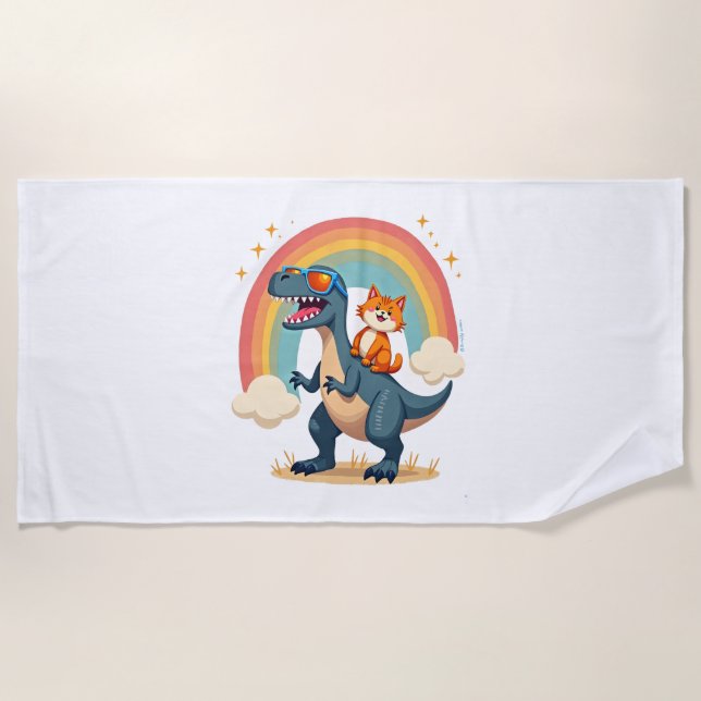 Toalha De Praia Cat Riding Dinosaur T-Rex Kitten Rainbow Dino Funn (Frente)