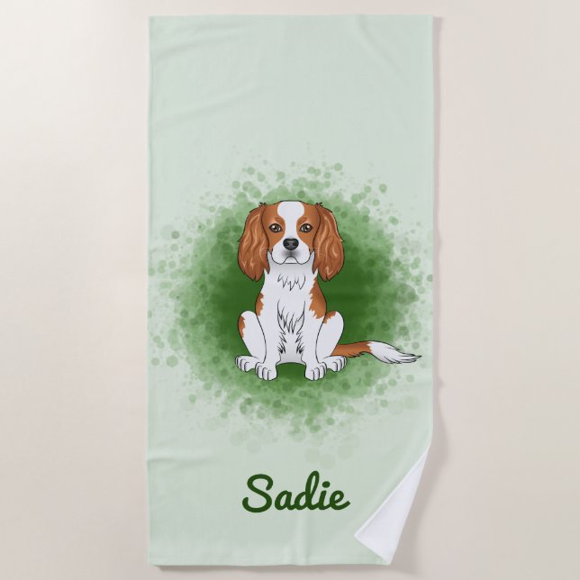 Toalha De Praia Cavalier King Charles Spaniel Blenheim em Verde (Frente)