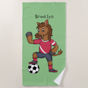 Toalha De Praia Cavalo engraçado bonito jogando cartoon de futebol