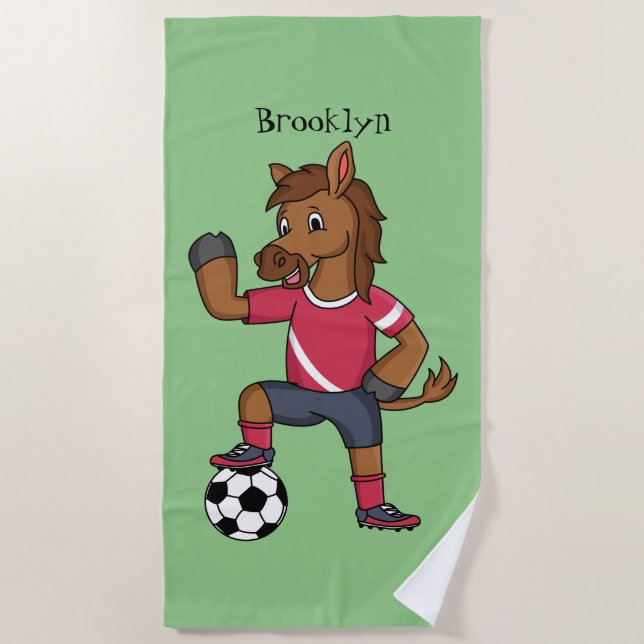Toalha De Praia Cavalo engraçado bonito jogando cartoon de futebol (Frente)
