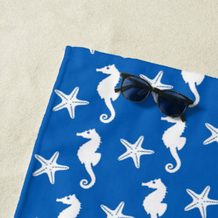 Toalha De Praia Cavalo-marinho e estrelas-do-mar, brancas em azul-