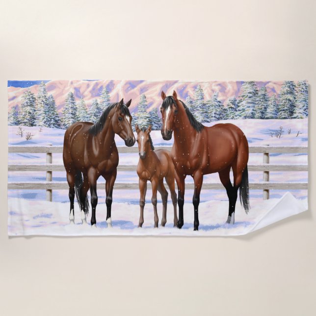 Toalha De Praia Cavalos Do Quarto De Baía De Brown Em Neve (Frente)