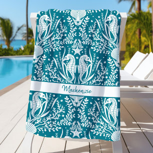 Toalha De Praia Cavalos-marinhos Azul-Teal Branco Personalizado