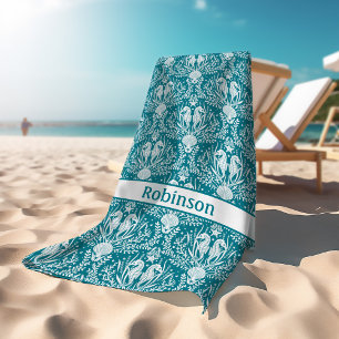 Toalha De Praia Cavalos-marinhos Azul-Teal, Damasco Branco Persona