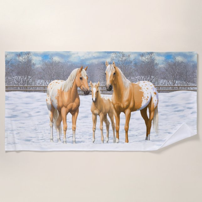 Toalha De Praia Cavalos Palomino Appaloosa Na Neve (Frente)