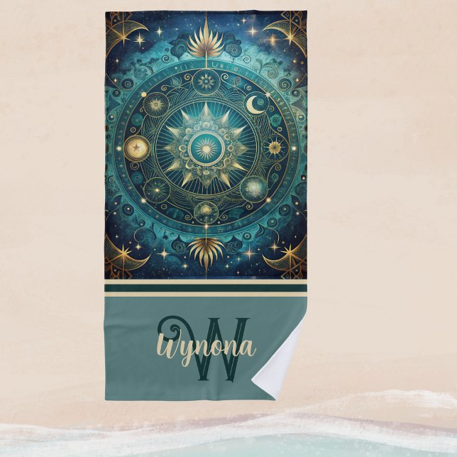 Toalha De Praia Celestial Mandala Moon Galaxy Teal Monograma Doura (Criador carregado)
