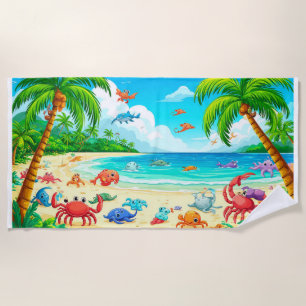 Toalha De Praia Cena Colorida de Praia Tropical com Animais Divert