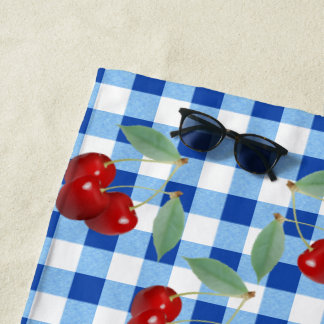 Toalha De Praia Cerejas Retro E Gingham Azul
