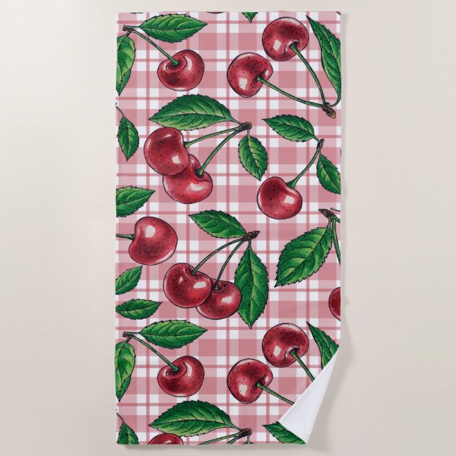 Toalha De Praia Cerejas vermelhas em gingham rosa (Frente)