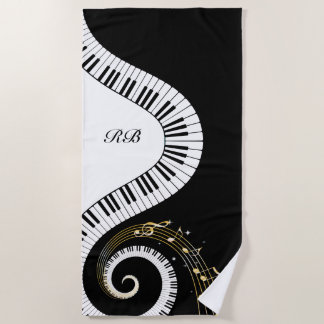 Toalha De Praia Chaves do piano do monograma e notas musicais