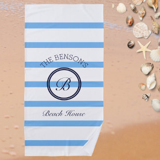 Toalha De Praia Chic Monogramas Light Blue Strips Nome da Família