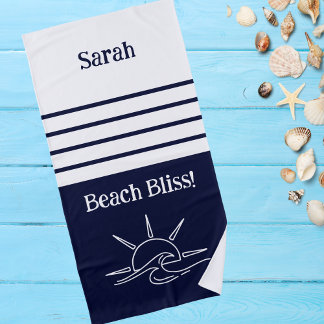 Toalha De Praia Chic Name Marinho Blue Stripes Ocean